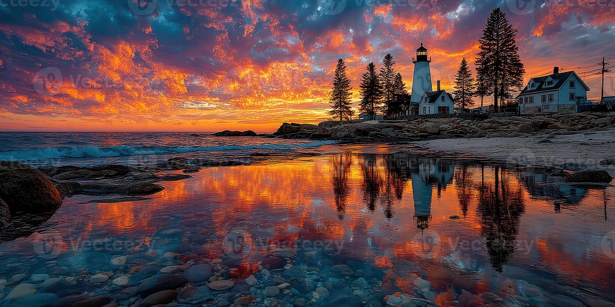 Vibrant sunset reflecting over rocky shoreline near lighthouse and beach houses in coastal landscape photo