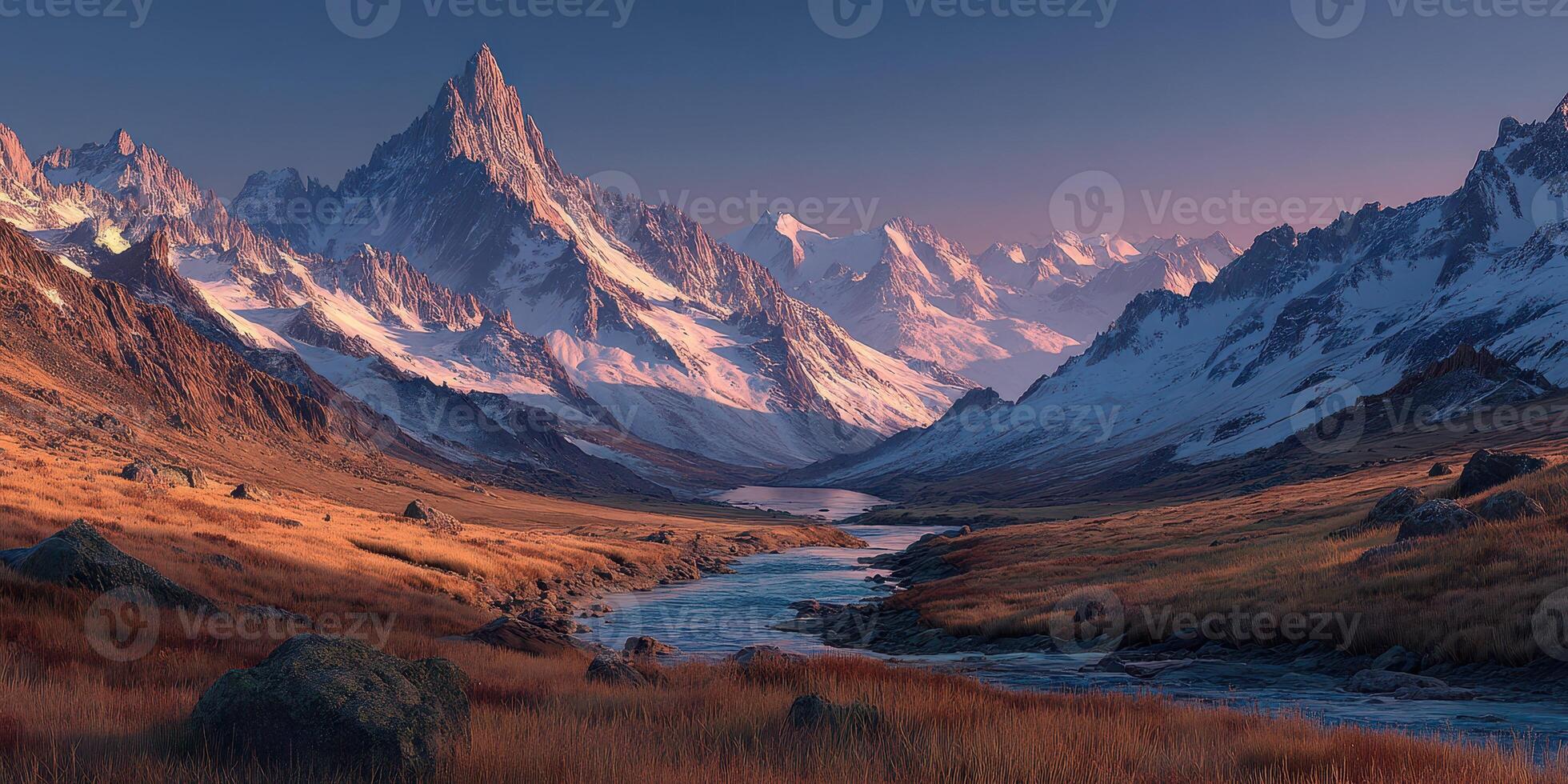 Majestic snow-capped mountains and serene river at dusk create breathtaking landscape in the valley photo