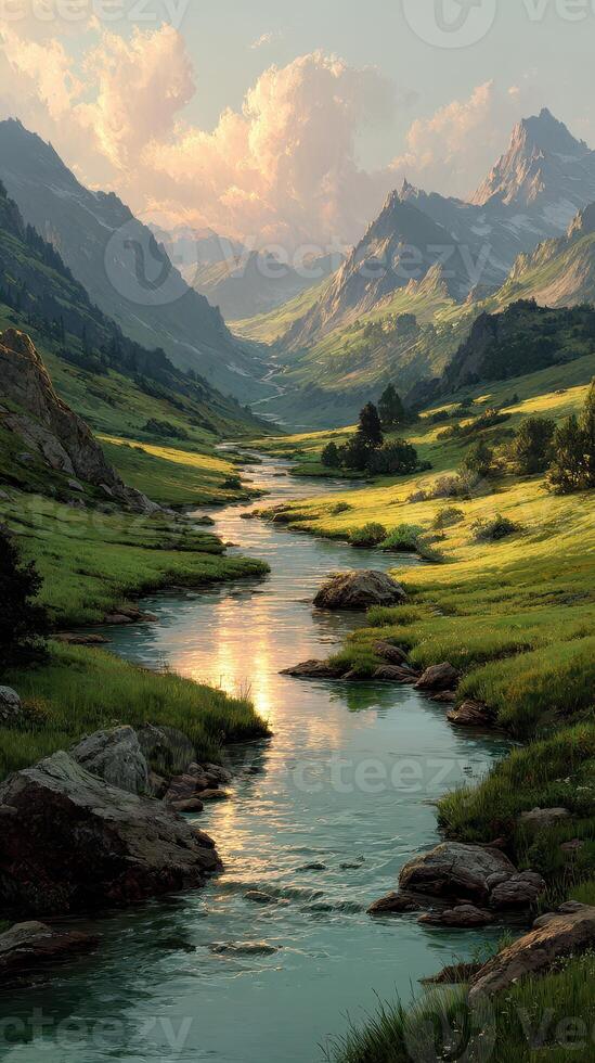 Majestic mountains and serene river flowing through a lush valley at sunset in a tranquil natural landscape photo