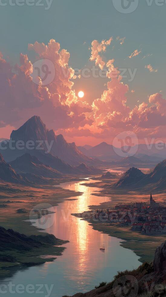 Sunset over a tranquil river and village nestled in the mountains with colorful clouds reflecting on the water photo