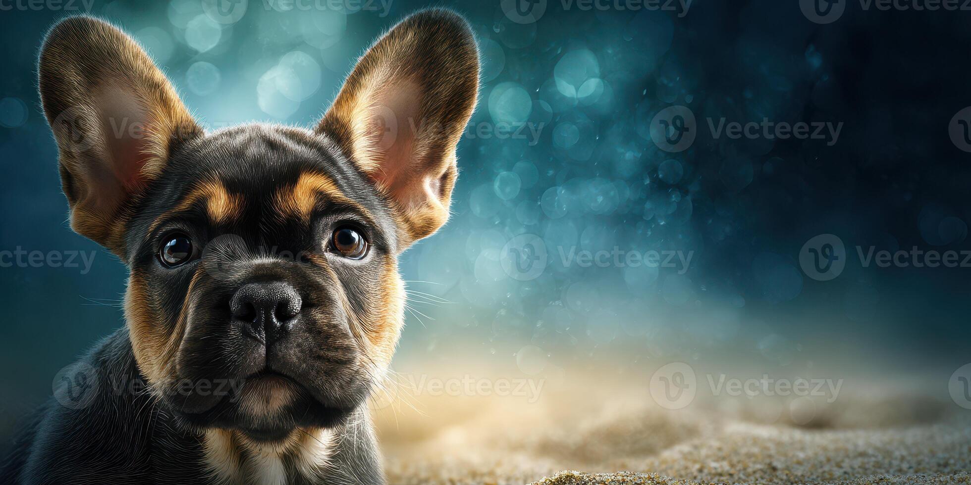Cute black and brown puppy looking curiously at the camera on a sandy beach during twilight hours photo
