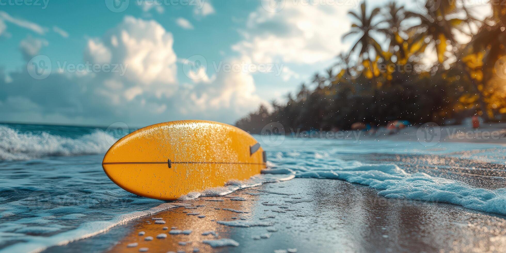 Bright yellow surfboard rests on sandy beach near ocean waves under a tropical sky at sunset in a peaceful coastal setting photo