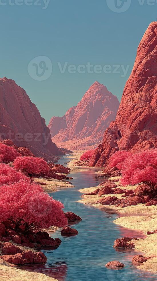 Breathtaking landscape featuring a river flowing through vividly colored mountains and pink trees during a serene sunny day photo