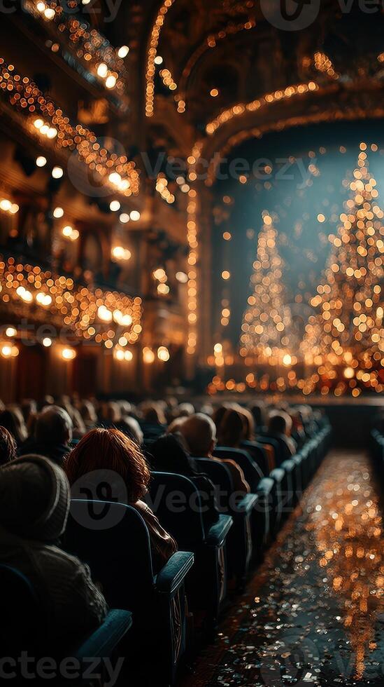 Audience enjoying a festive performance in a beautifully decorated theater during the holiday season at night photo