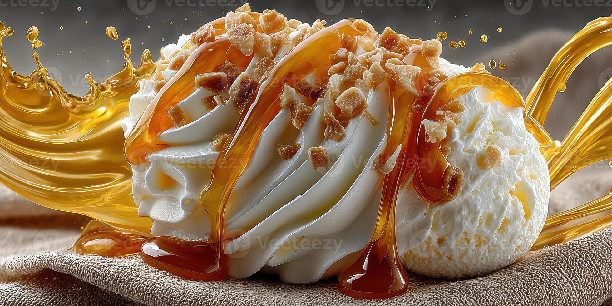 Delicious dessert featuring whipped cream, caramel sauce, and crunchy toppings on a textured surface photo