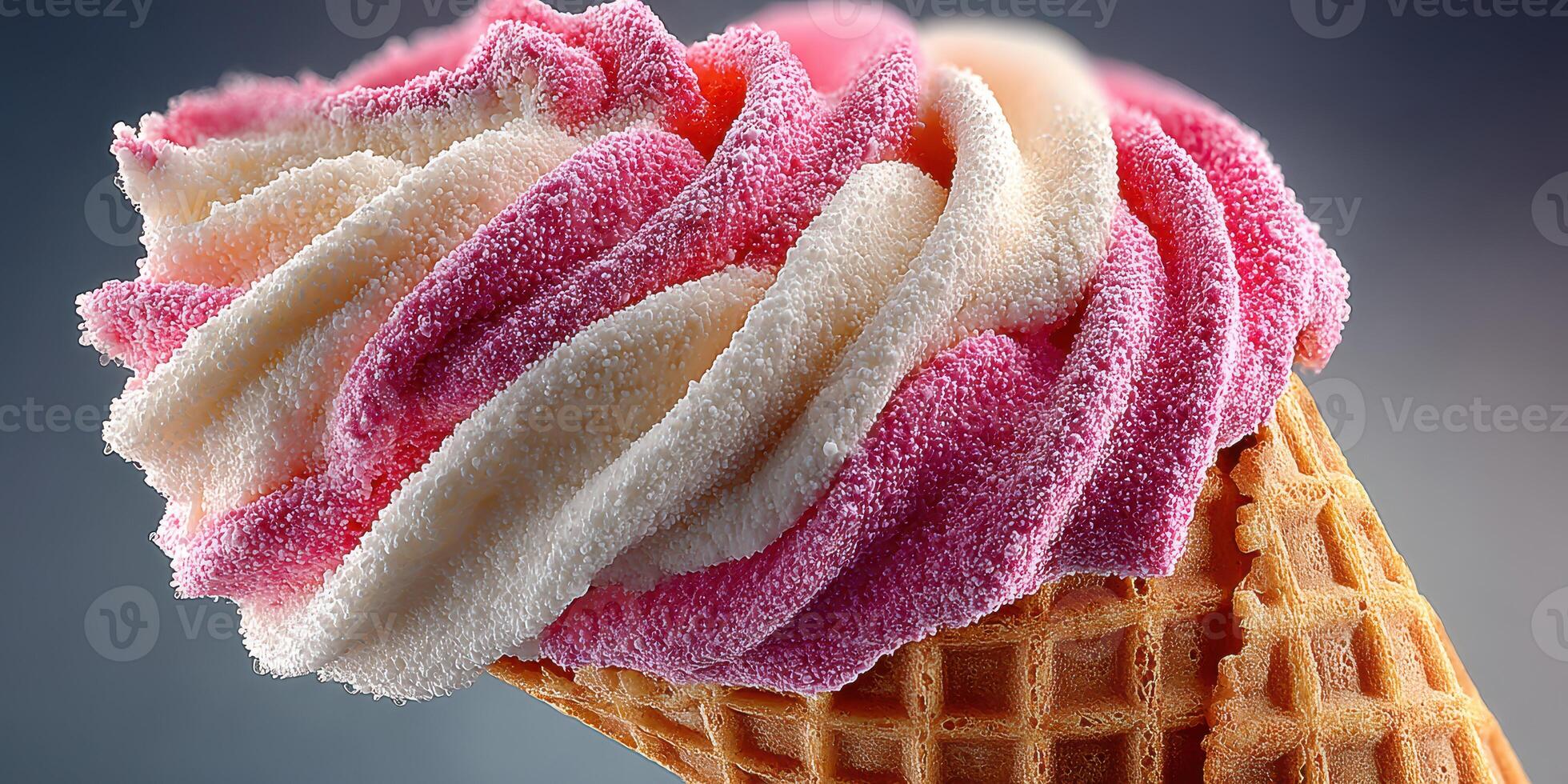 Colorful swirl ice cream cone served on a waffle cone with vibrant pink and white tones in a close-up view photo