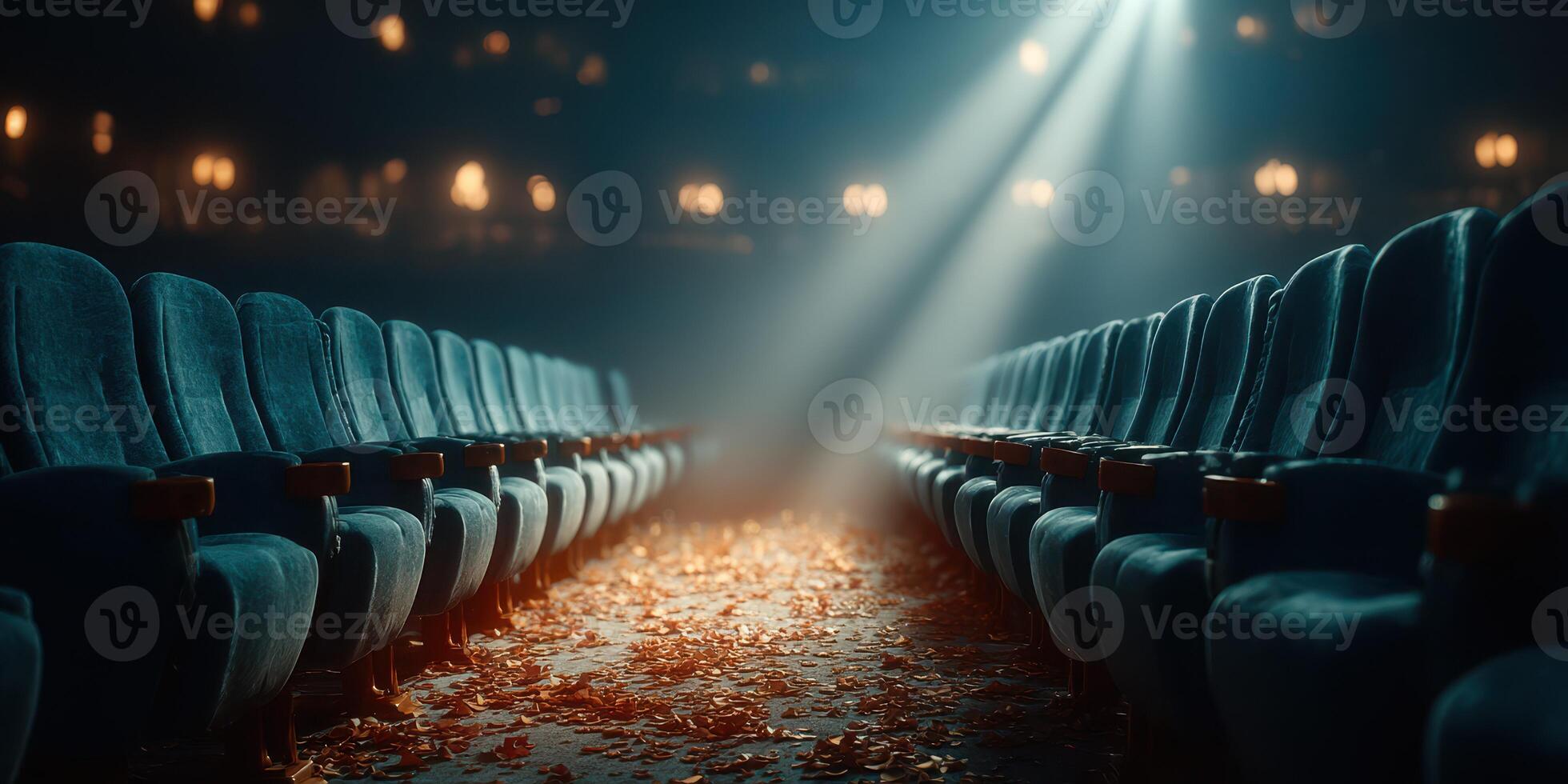 Empty theater shows worn seats under soft light with scattered leaves during a quiet evening performance photo