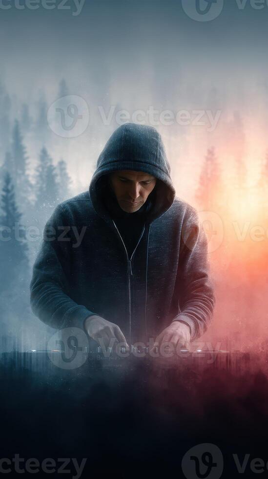 Music producer creates electronic beats in a foggy forest setting during twilight photo