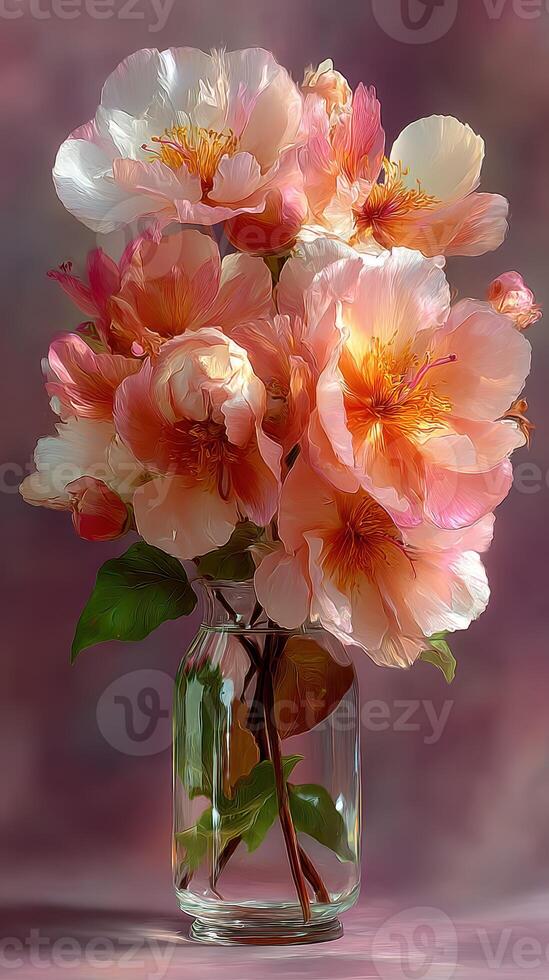 Beautiful bouquet of peonies arranged in a clear glass vase on a soft gradient backdrop in warm tones photo