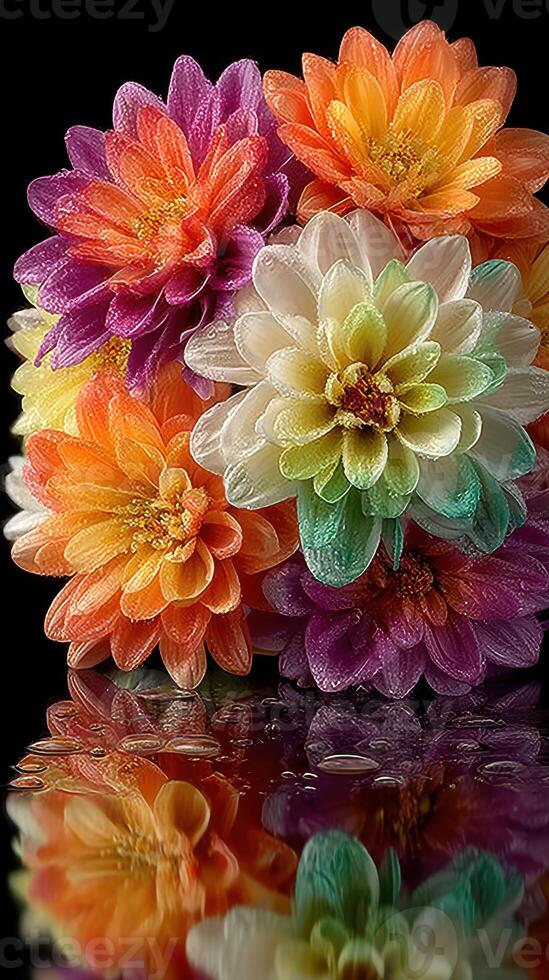 Colorful artificial flowers reflecting beautifully on a dark surface with vibrant hues in an artistic display photo