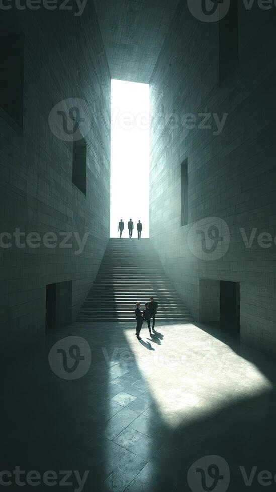 Architectural marvel showcasing four figures ascending stairs towards a bright opening in a modern structure photo