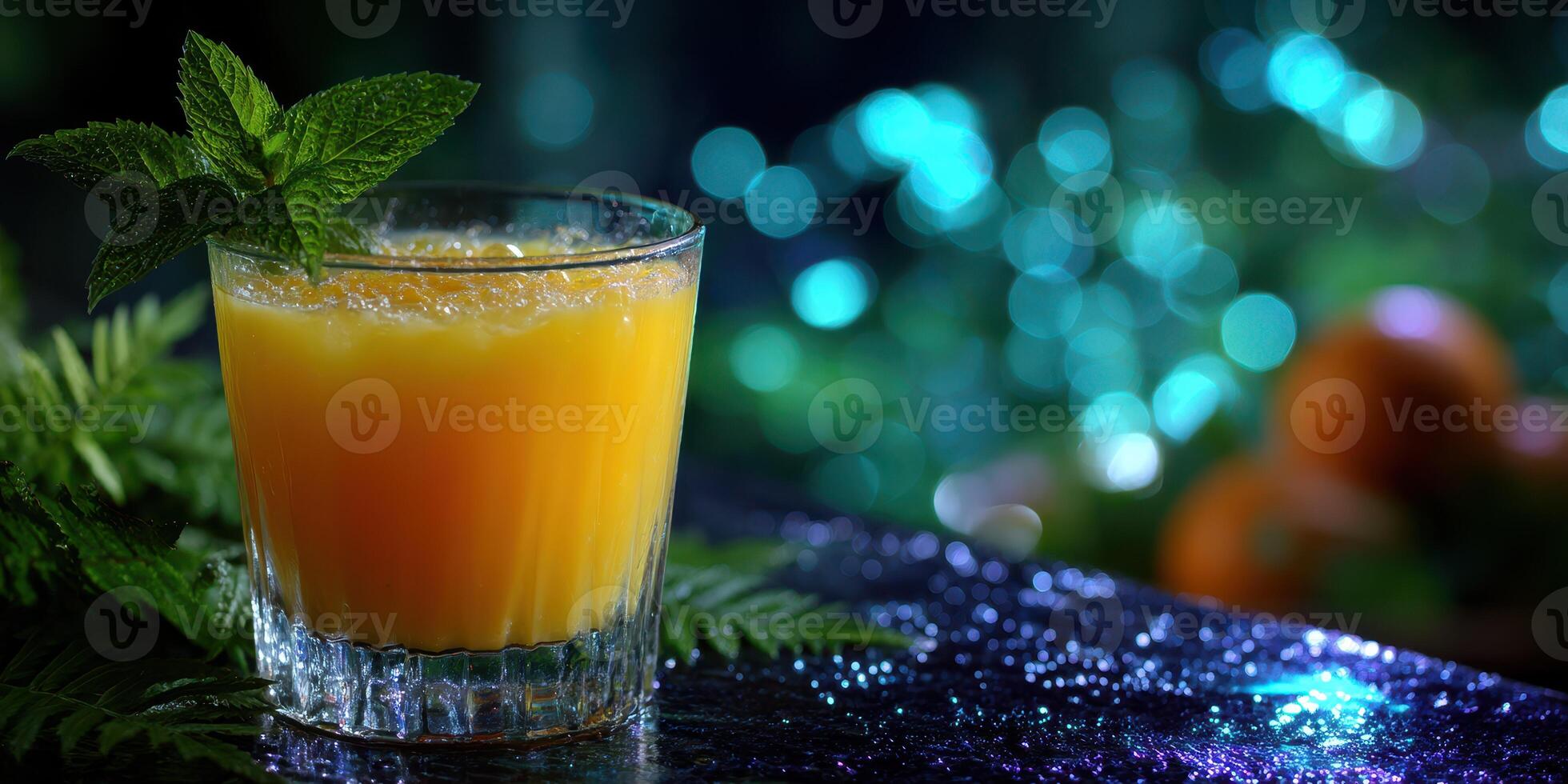 Refreshing citrus drink garnished with mint, surrounded by vibrant blue and green lights at evening gathering photo