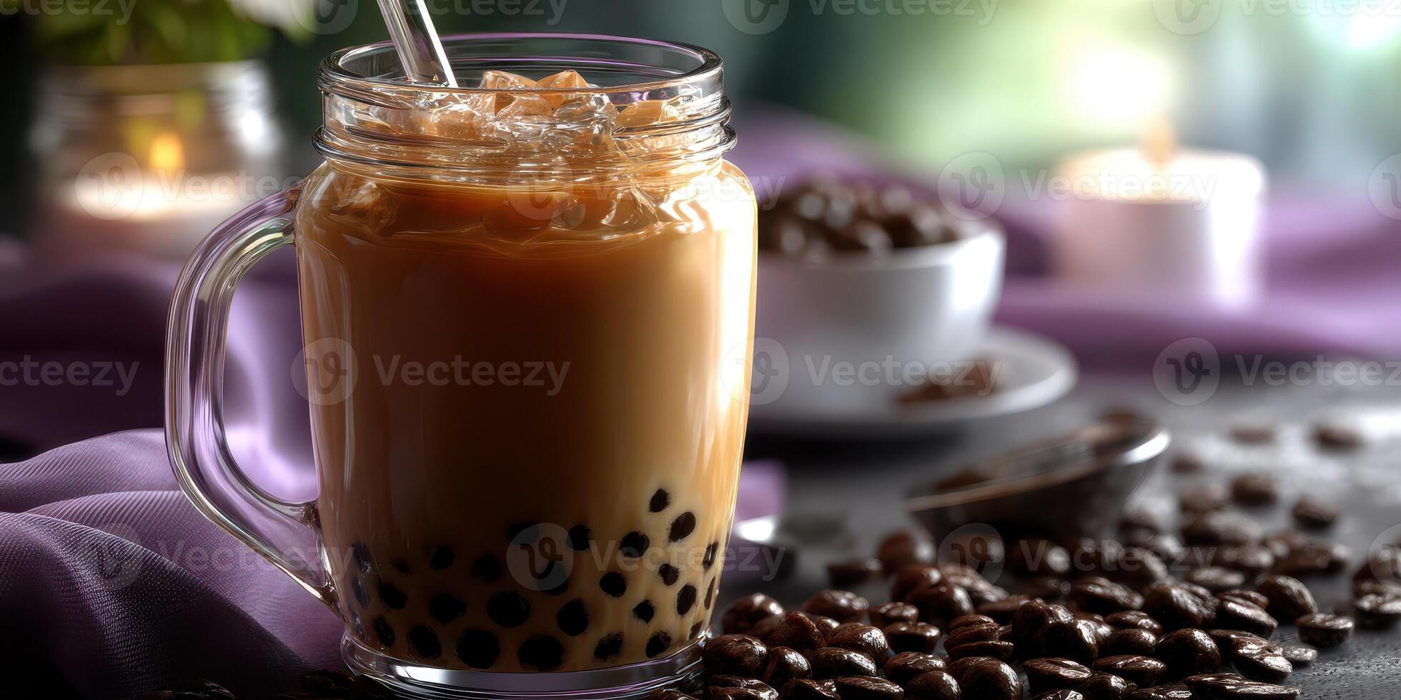 Freshly brewed iced coffee with tapioca pearls and coffee beans on a table photo