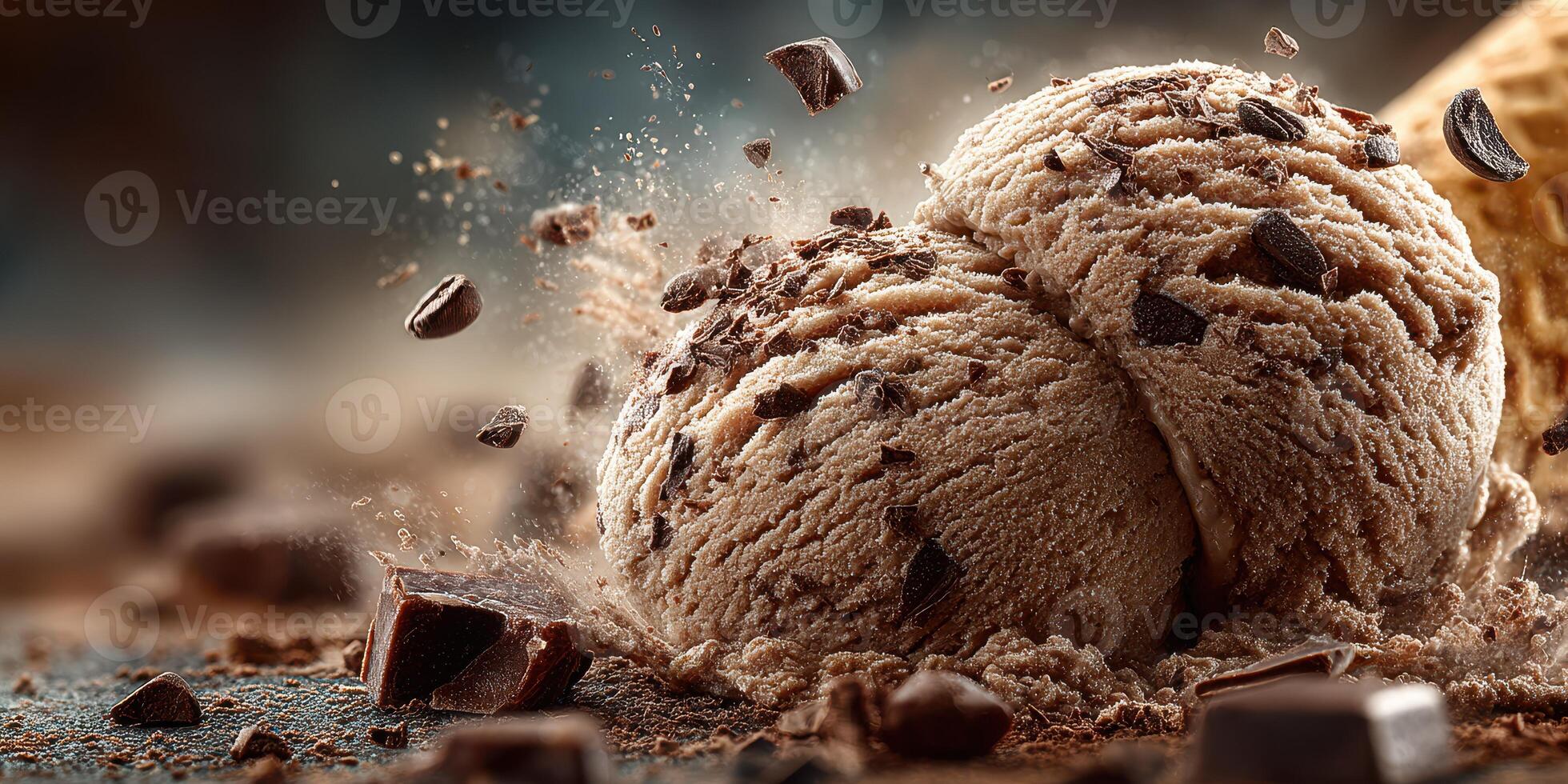Delicious chocolate ice cream scoops with chocolate chunks scattered around at a dessert shop photo