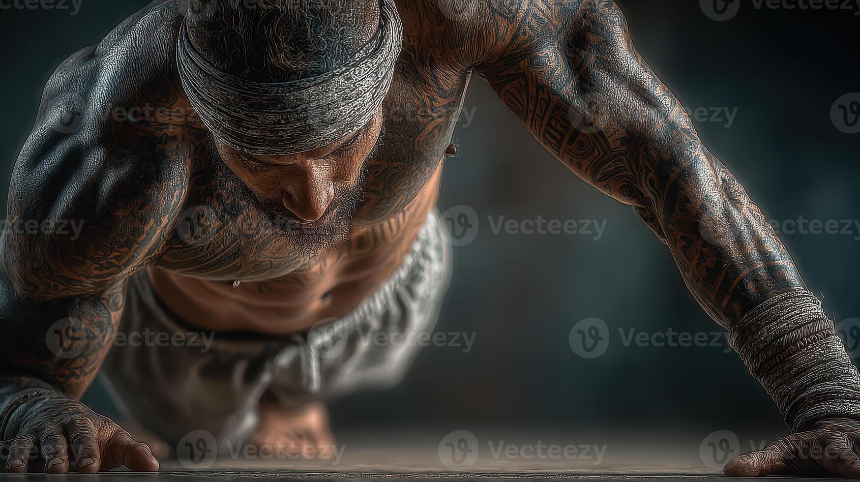 Muscular man performs push-ups indoors during evening workout session with dramatic lighting photo