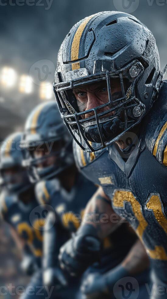 Intense football players preparing for a game under rainy conditions during evening hours at the stadium photo