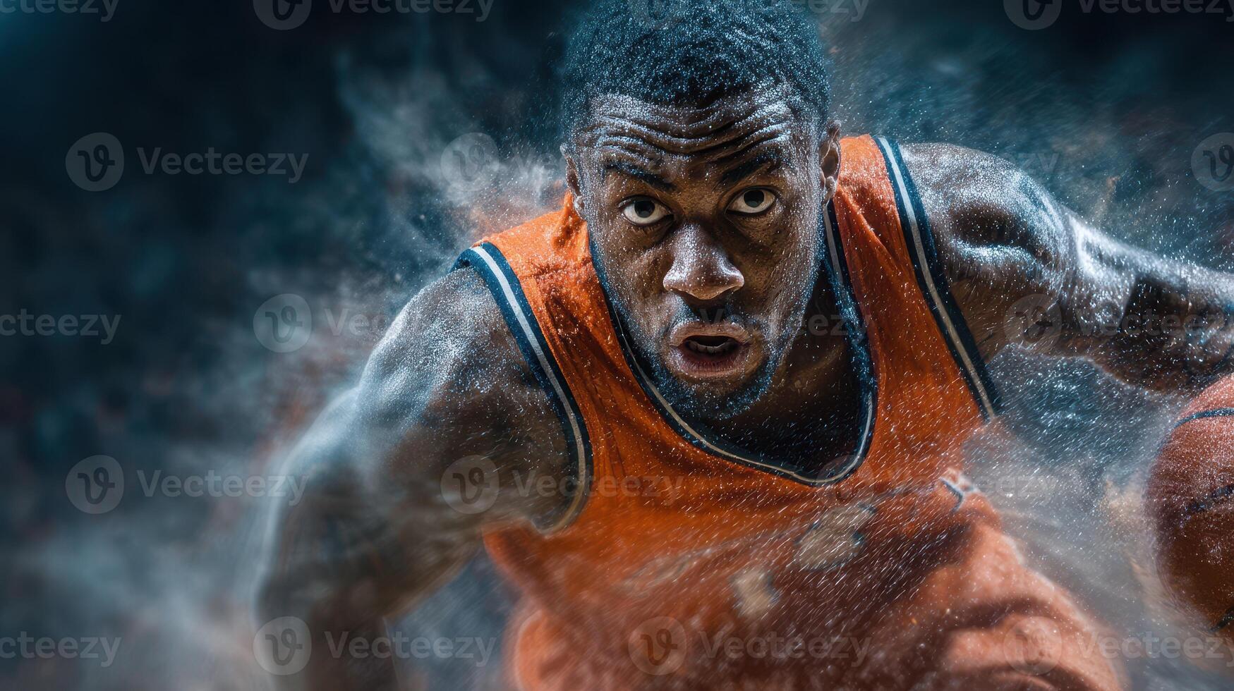 Intense basketball player charging toward the hoop during a competitive game in a gymnasium at night photo