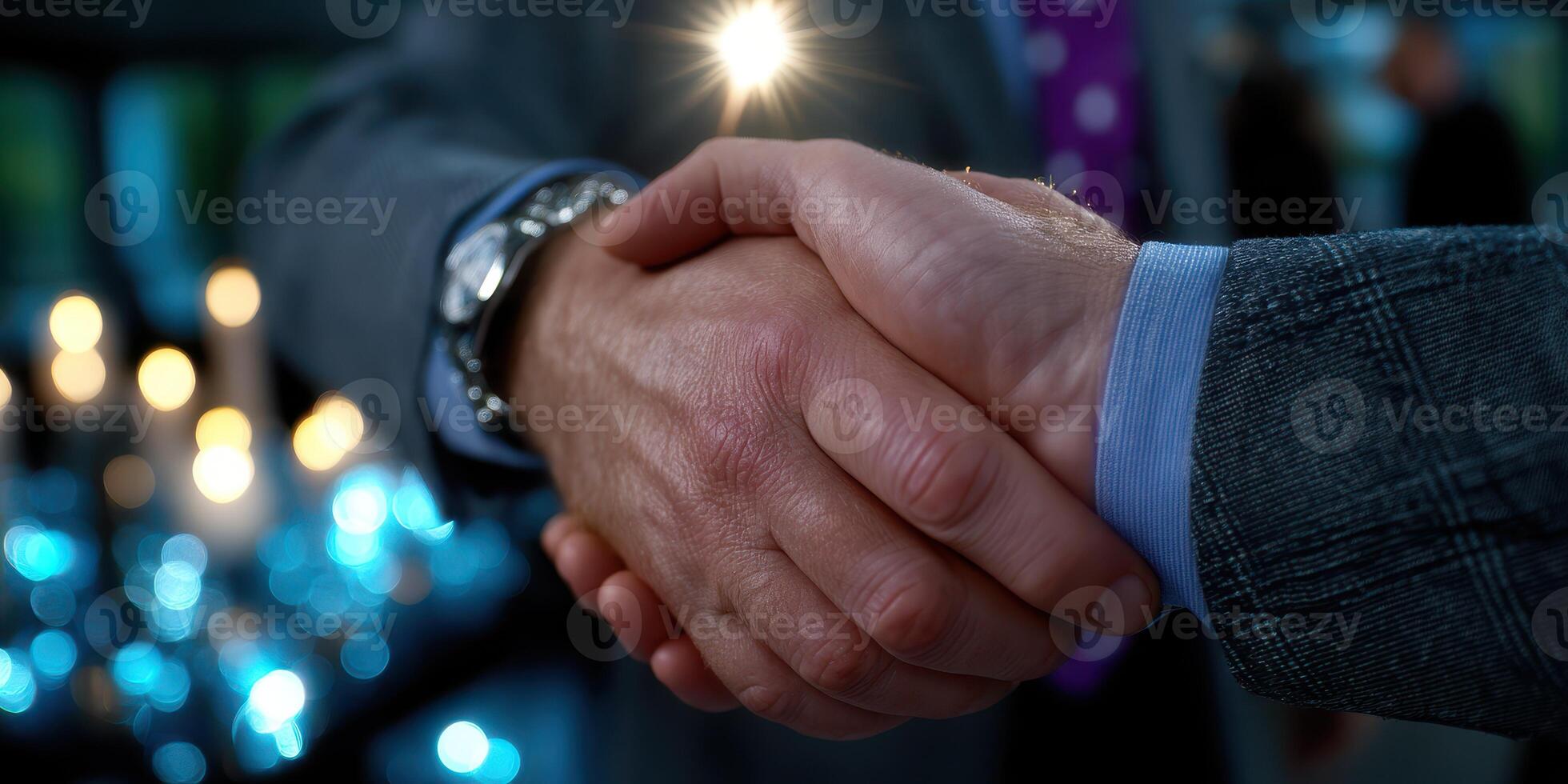 Professionals shake hands at a networking event in a stylish urban venue during the evening photo