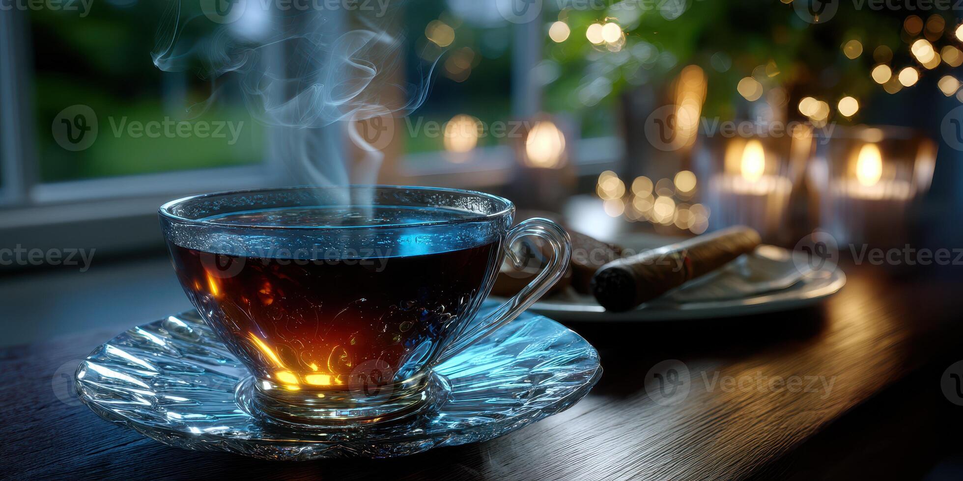 Warm cup of herbal tea beside a lit candle and a plate of snacks on a cozy evening photo