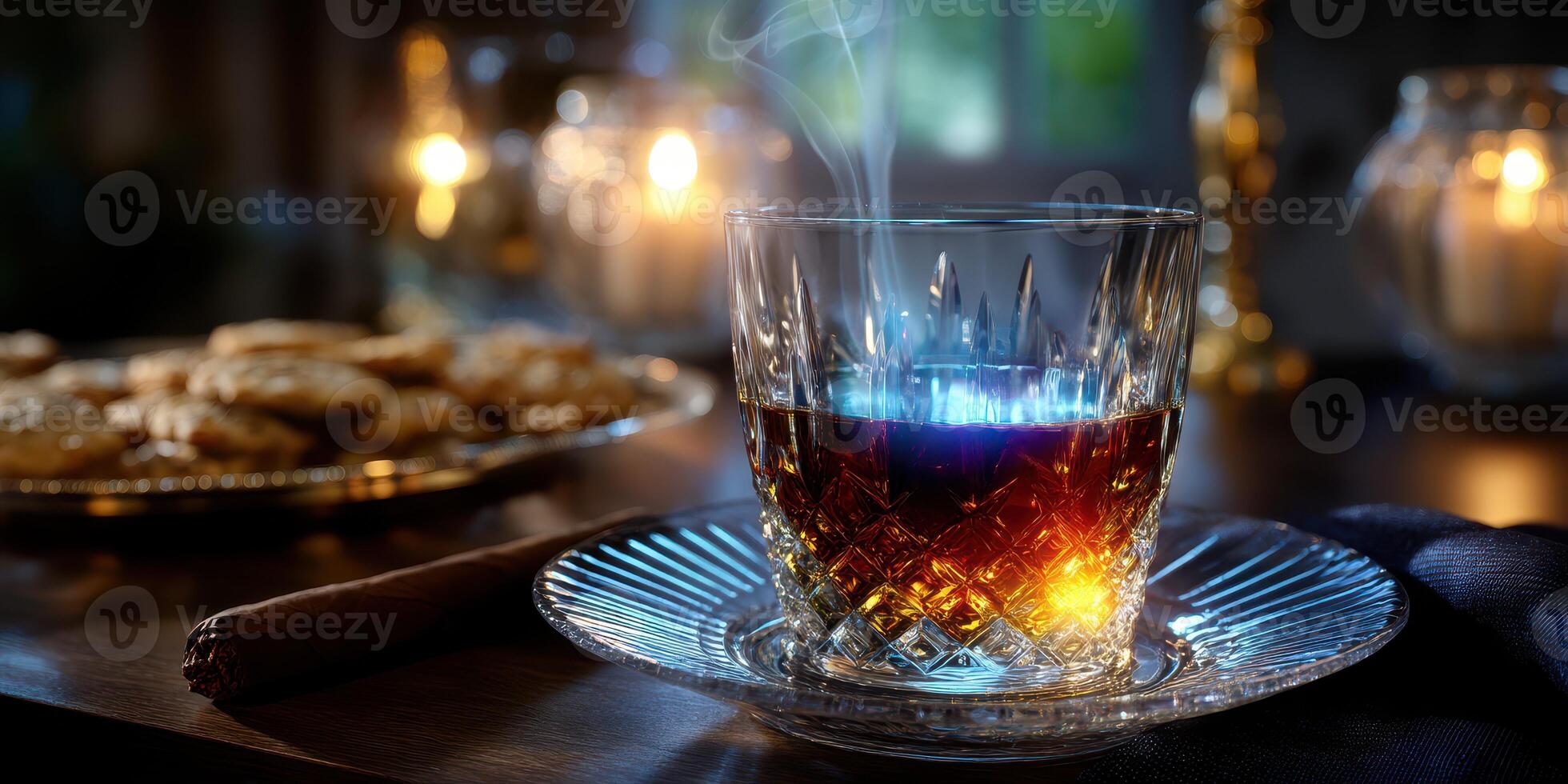 Relaxing evening with a glass of whiskey, cigar, and sweets in a dimly lit setting photo