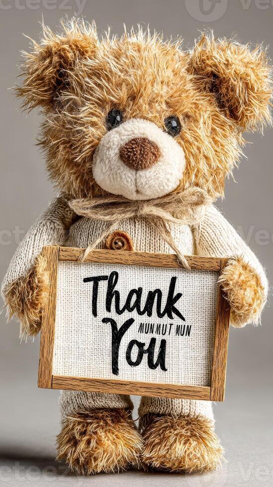 Adorable teddy bear holding a sign expressing gratitude with a warm and inviting appearance, perfect for celebrations or gifts photo