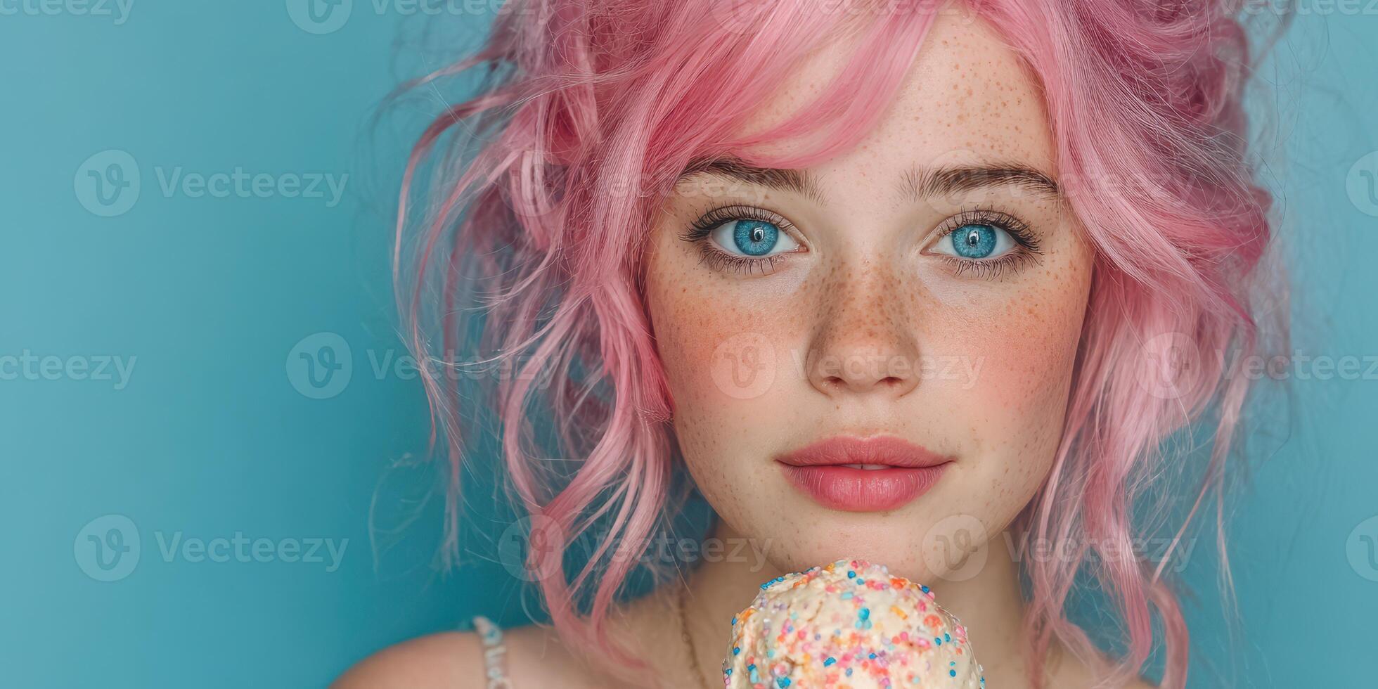Young girl with pink hair enjoying a colorful ice cream cone against a blue background on a bright sunny day photo