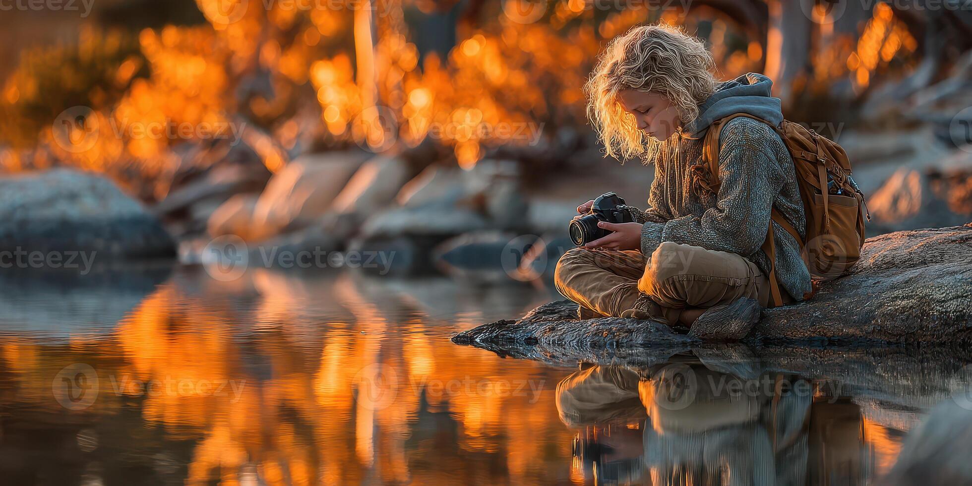 Young woman sits by calm lake reflecting on her photography journey during golden hour in serene nature setting photo