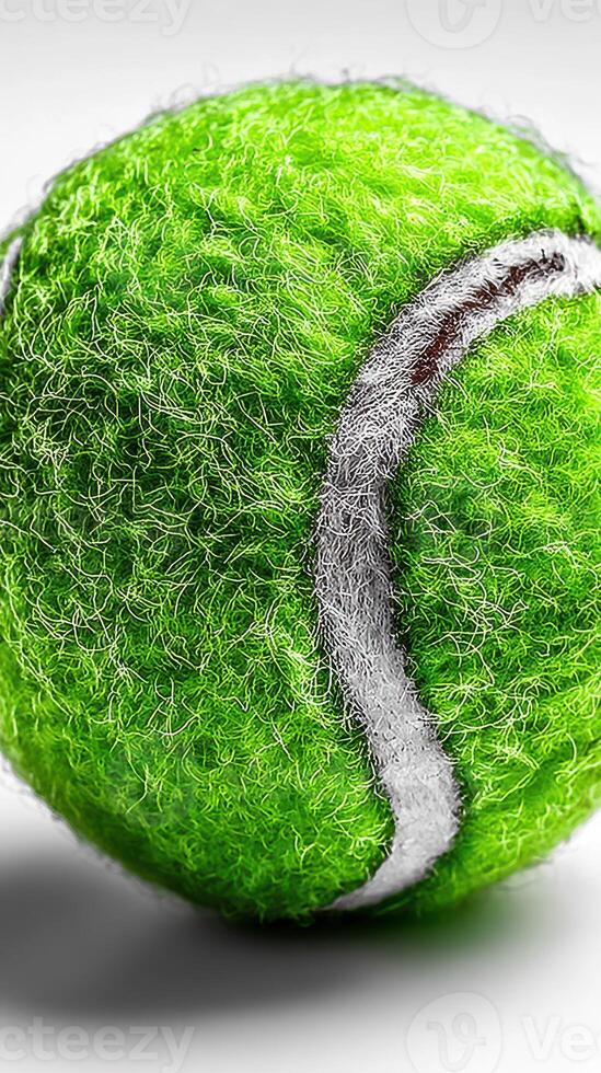 Bright green tennis ball resting on a smooth surface with textured fibers visible in detail photo