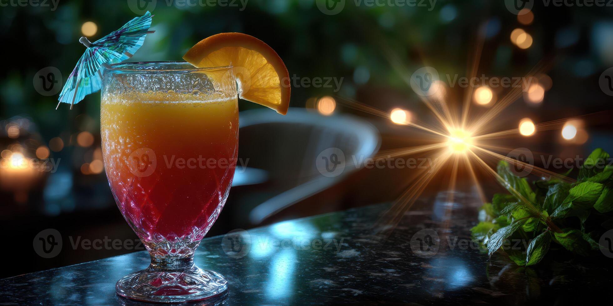 Colorful tropical cocktail sits on a marble bar with glowing lights in the background during a lively evening setting photo