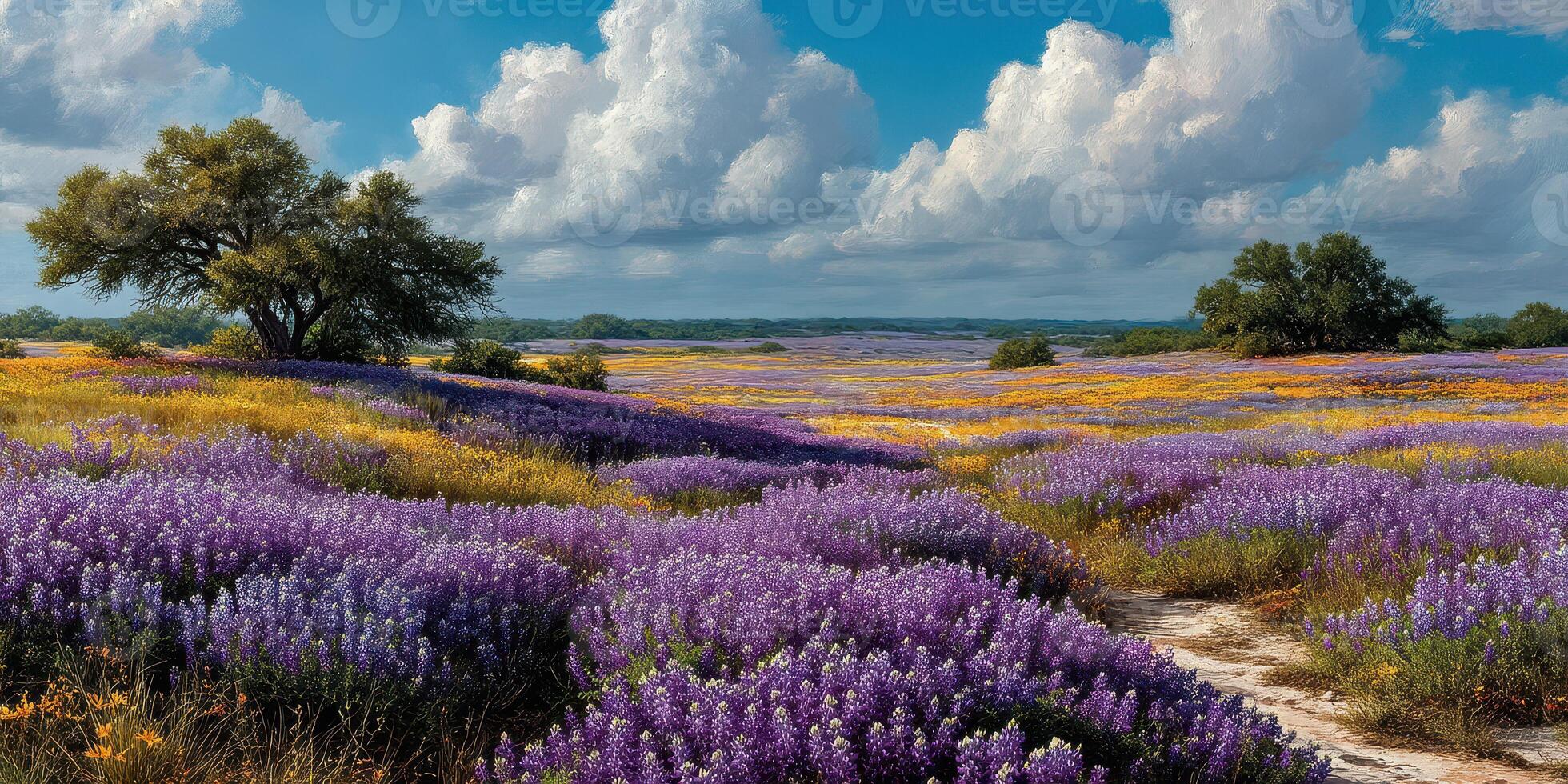 Vibrant purple and yellow wildflower fields under a bright blue sky with fluffy clouds in springtime photo