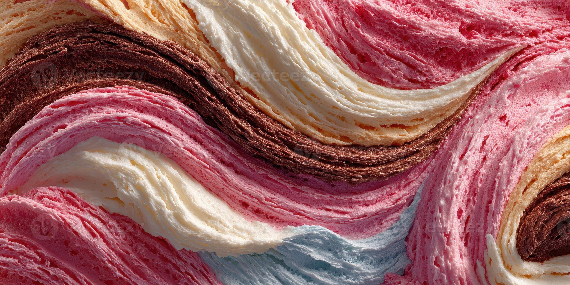 Colorful swirls of ice cream with chocolate, strawberry, and vanilla in a summer treat display photo