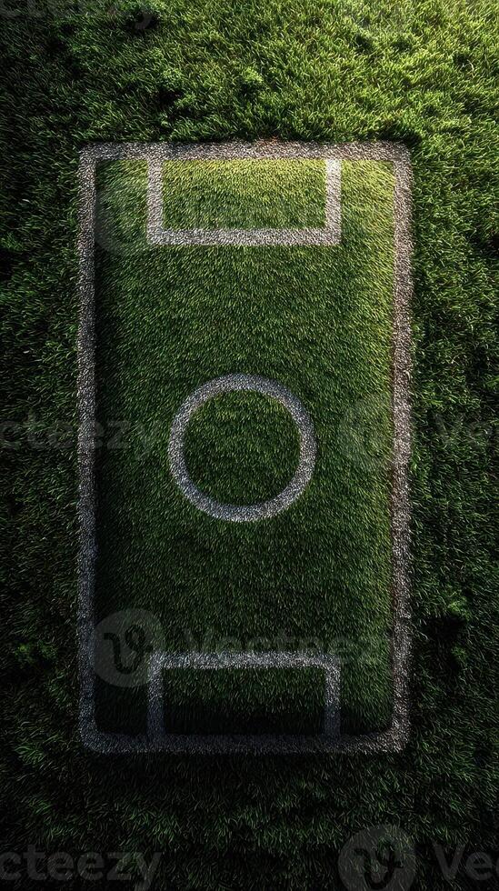 Soccer field with markings captured from above during daytime with lush green grass photo