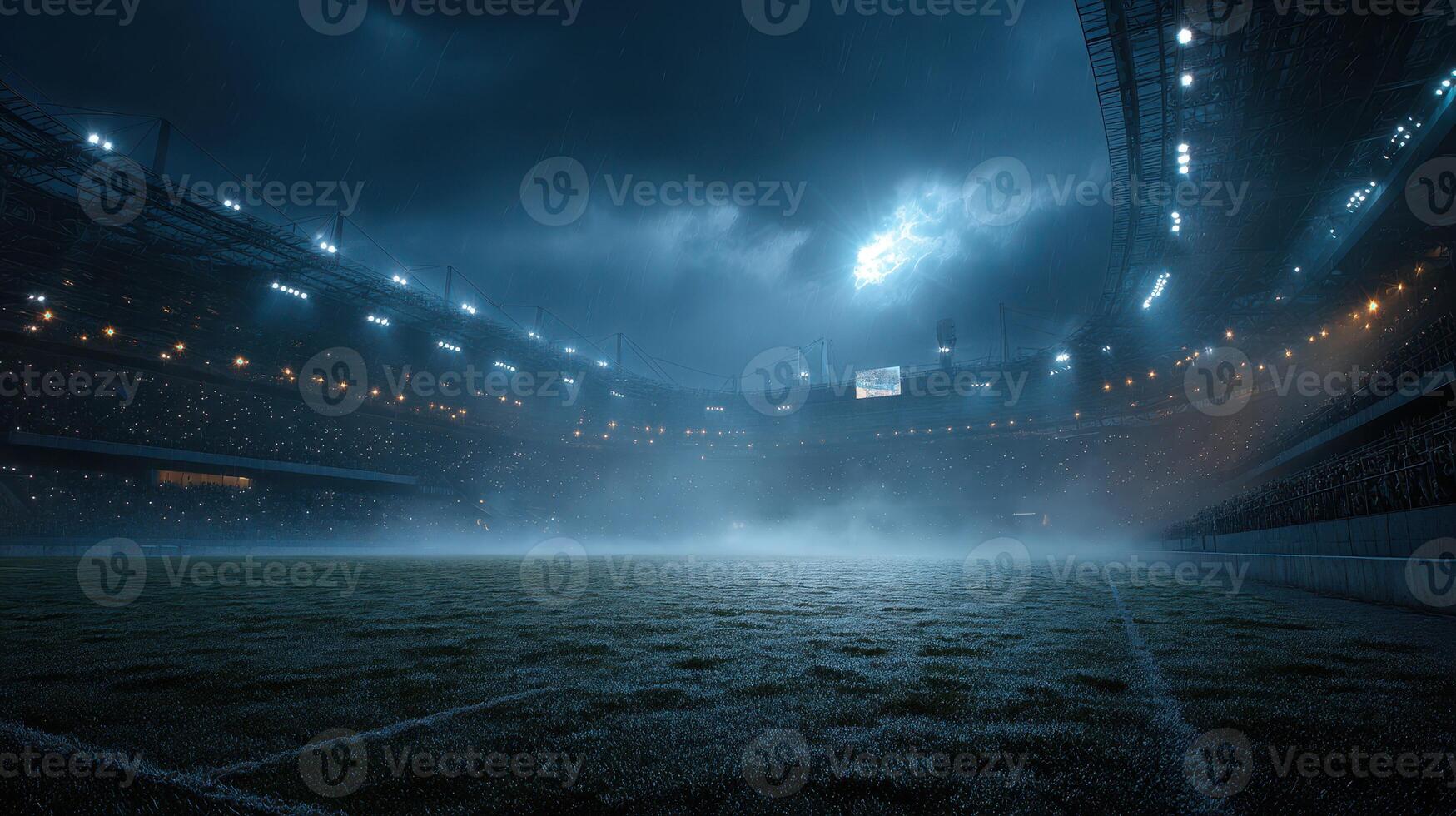 Dramatic lighting over an empty stadium during a thunderstorm at night near the game time photo