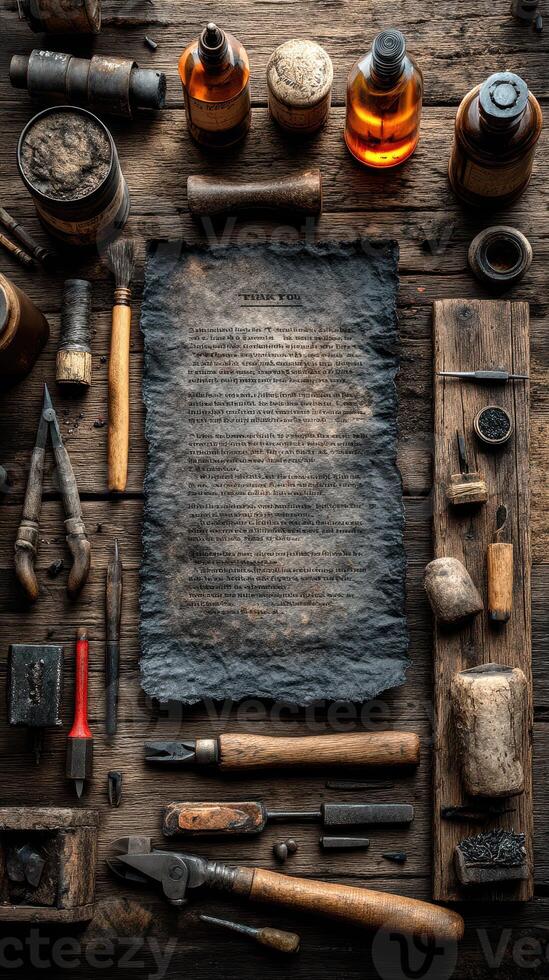 Collection of antique tools and materials arranged on a wooden workbench showcasing craftsmanship in a workshop setting photo