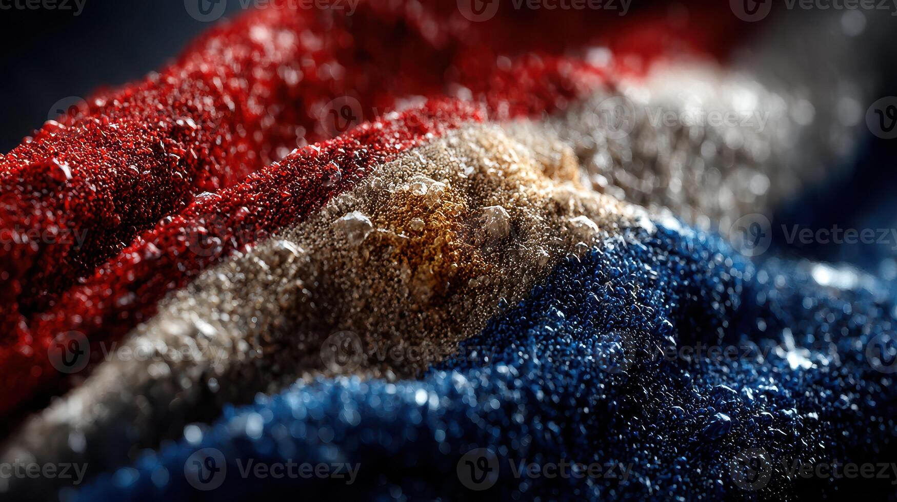 Dewdrops glisten on a textured fabric displaying vibrant colors and patterns during a serene early morning photo