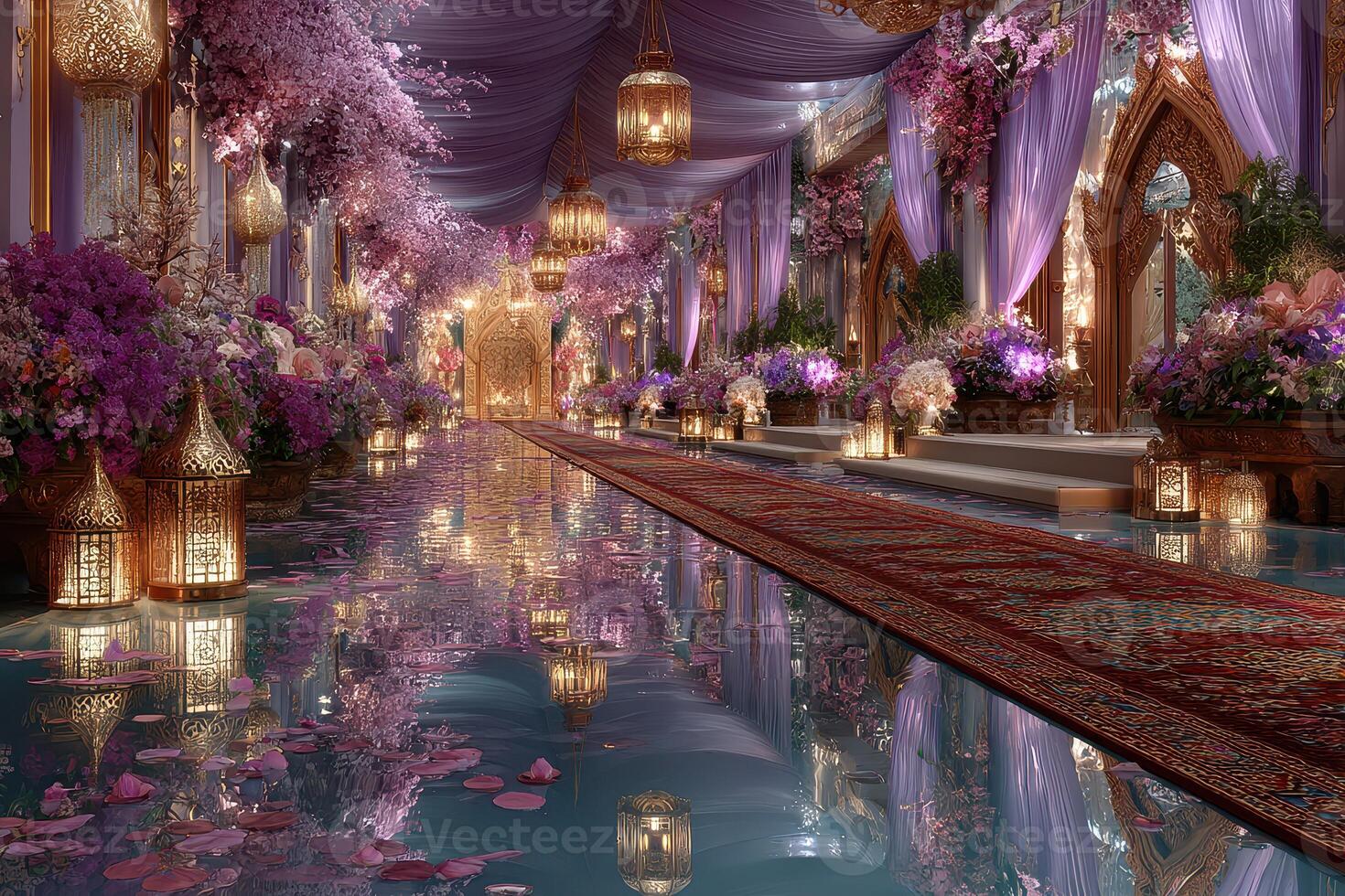 Enchanted hall adorned with flowers and lanterns at dusk creates a magical atmosphere for a celebration photo