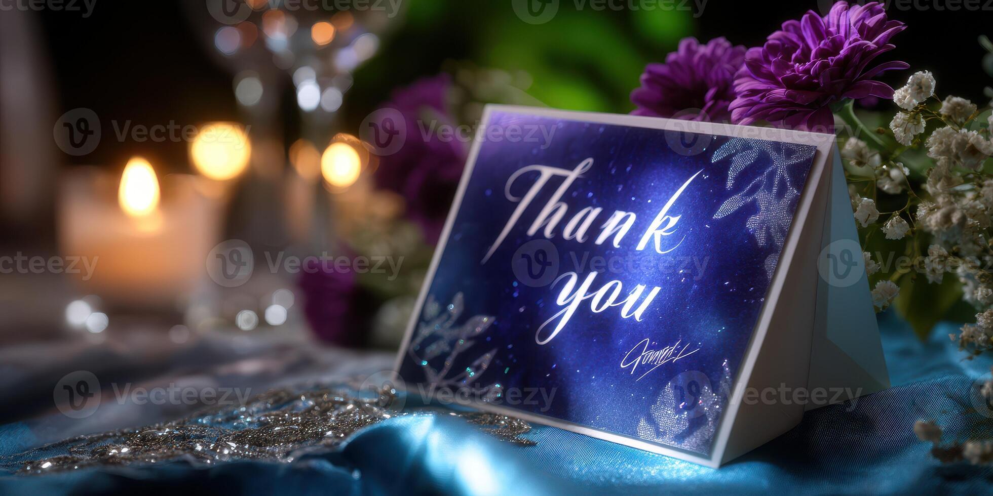 Thank you card displayed on a table with candles and purple flowers at a formal evening event photo