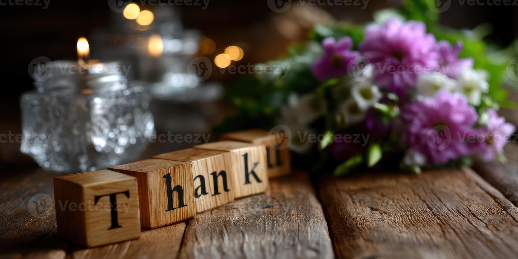 Thank you display with wooden blocks, candlelight, and fresh flowers creating a warm atmosphere photo