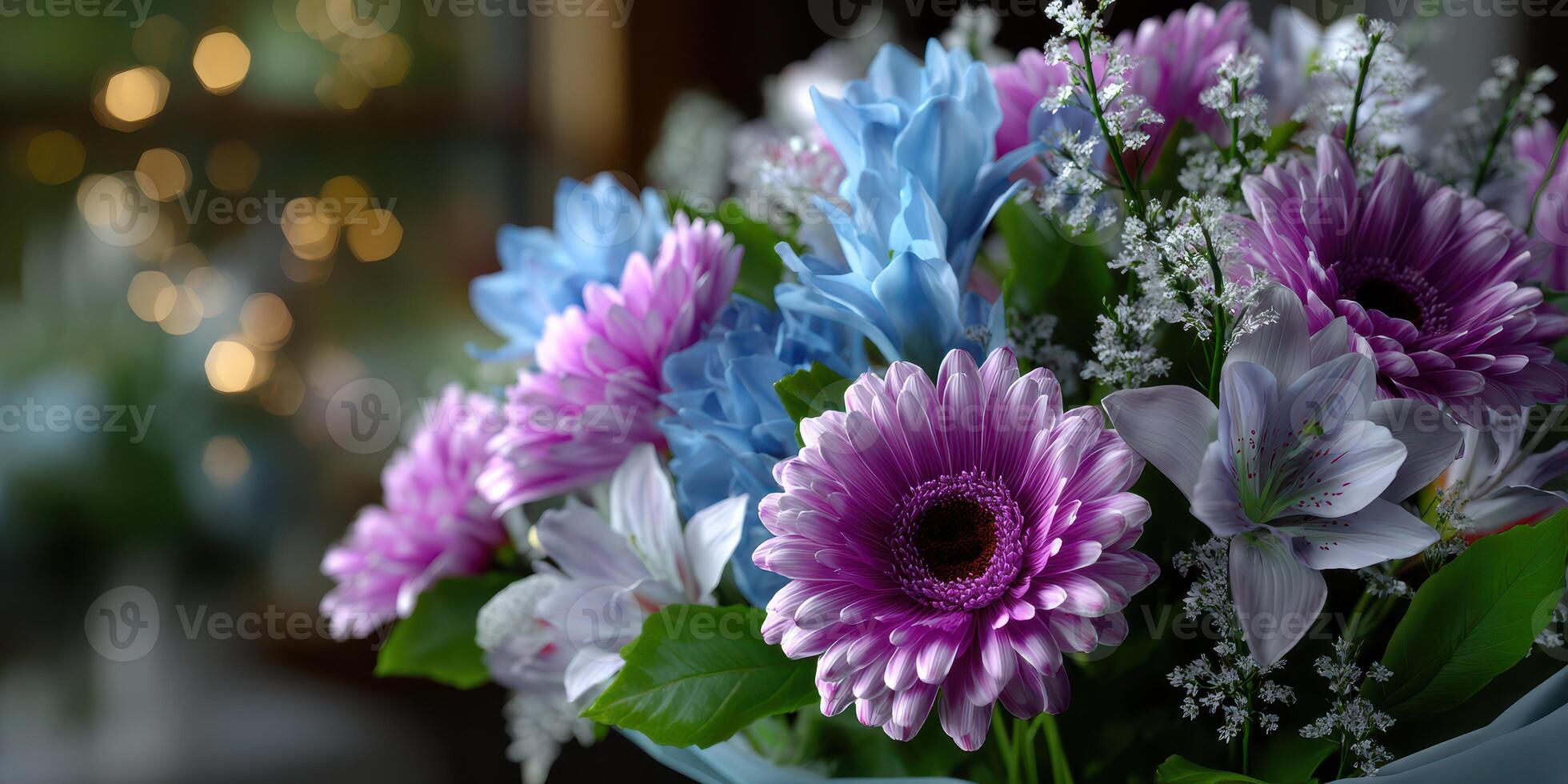 Vibrant bouquet of mixed flowers in a cozy setting during a festive gathering photo