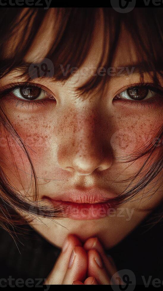 Close-up portrait of a young woman with freckled skin expressing contemplation indoors during soft lighting photo