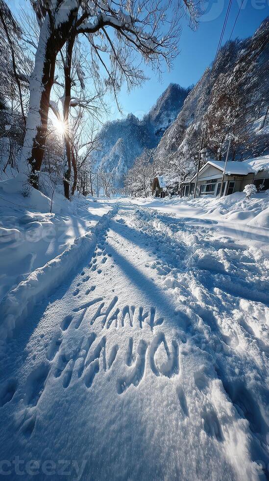 Snowy path with heartfelt message carved in frost during winter's morning light in a serene mountainous village photo