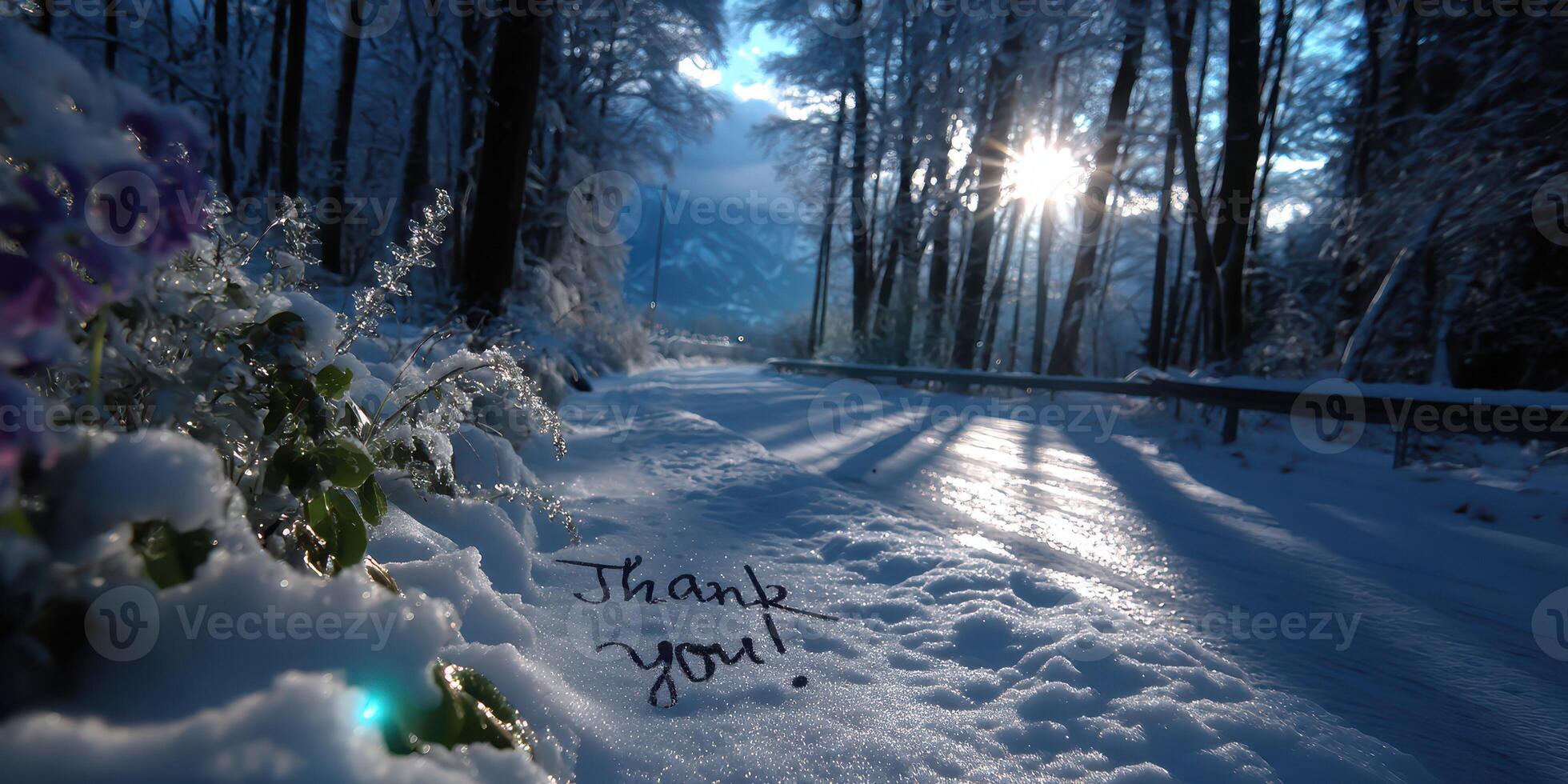 Winter landscape with handwritten message in snow at sunset along forest path photo