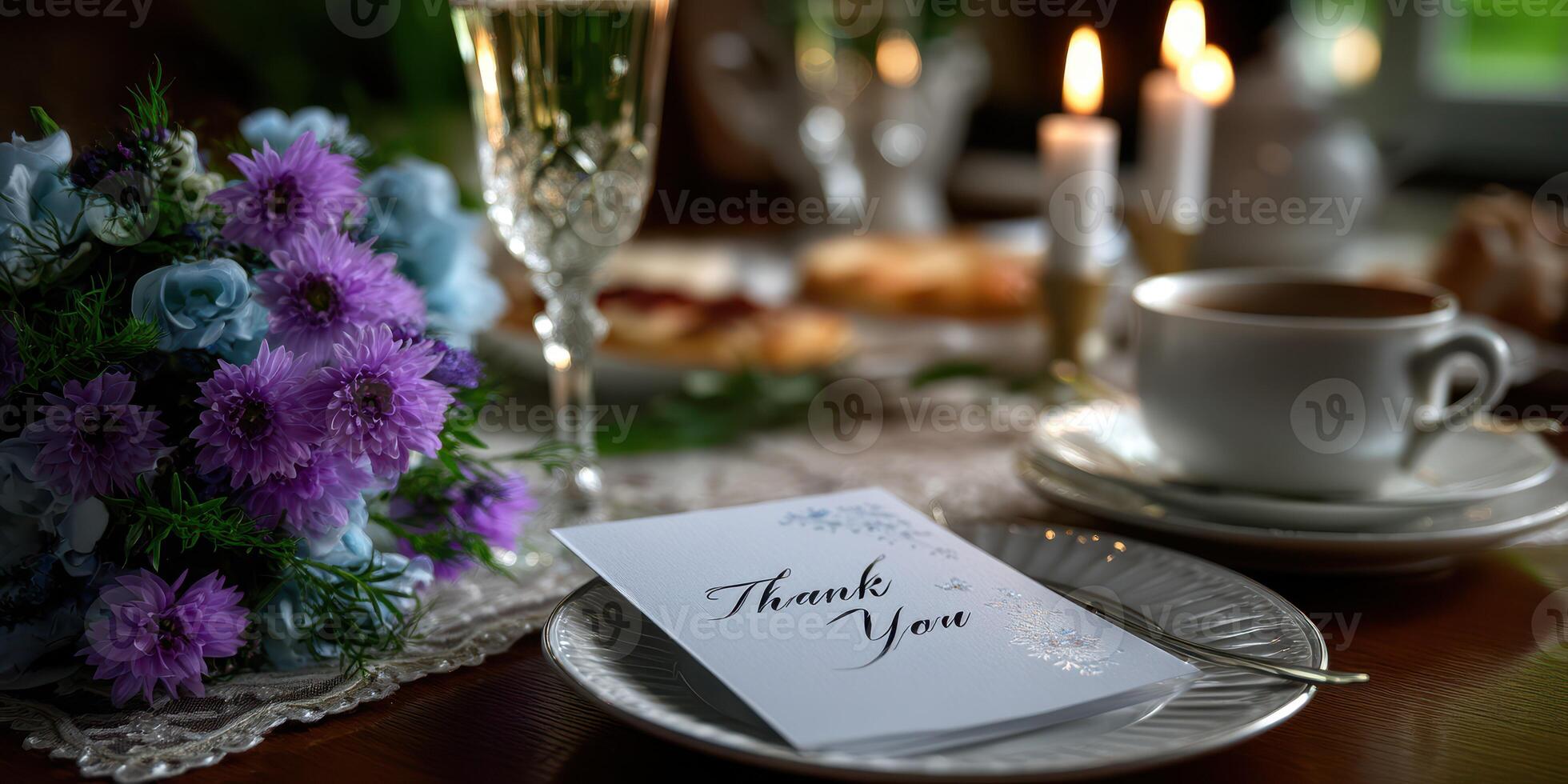 Elegant dining setup with flowers and thank you card for a special occasion photo
