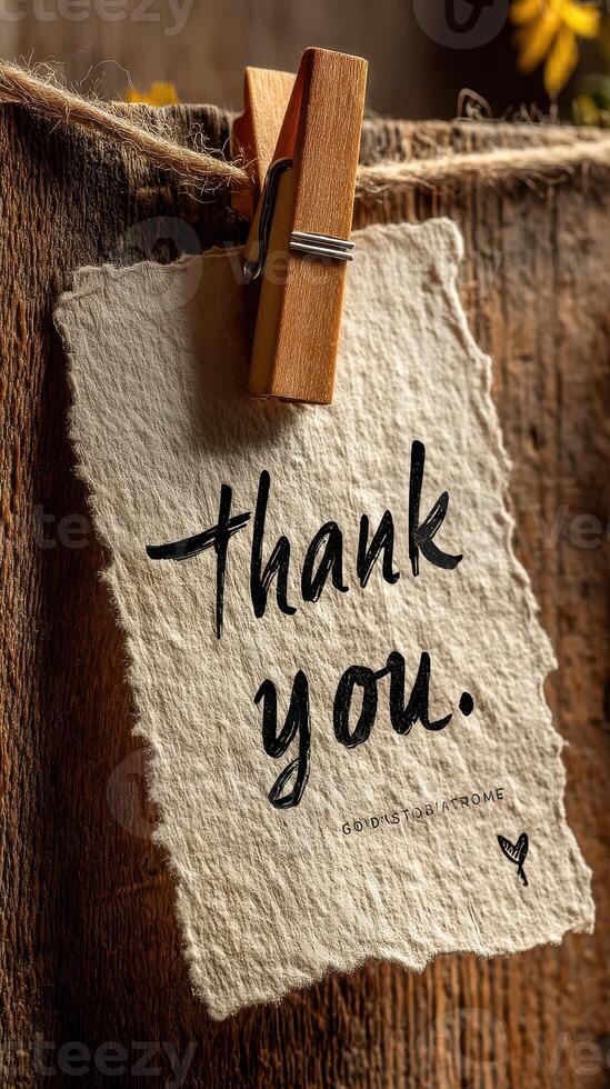 Thank you note hanging on rustic wood with clothespin in warm natural light photo