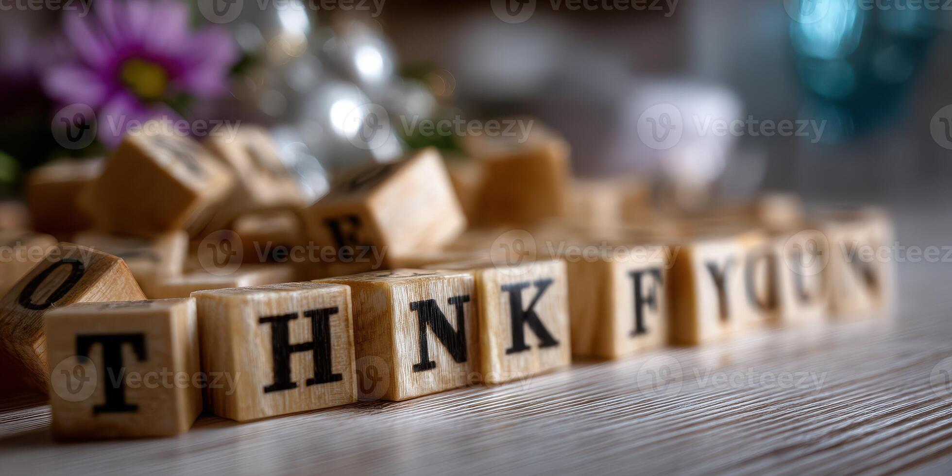 Unique wooden blocks spelling thank you in a cozy indoor setting with flowers and decorative items visible photo