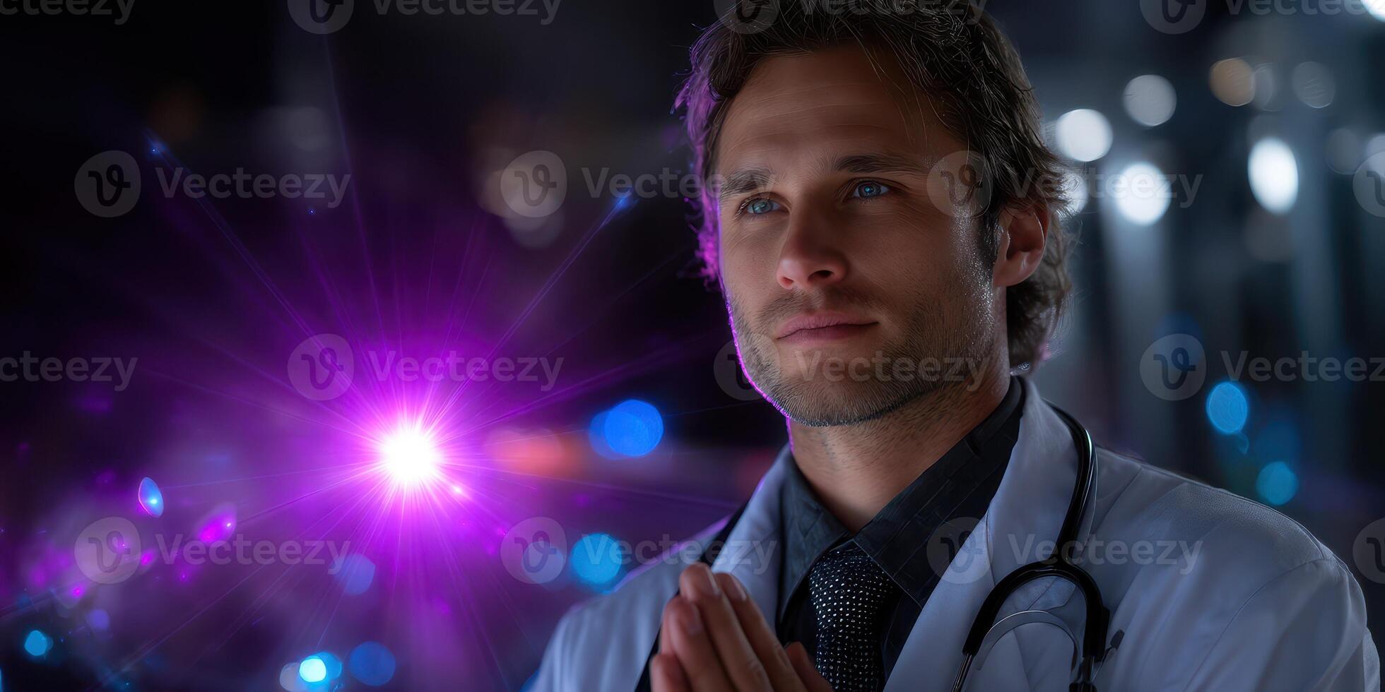 Medical professional in a lab focused on a bright light source during advanced research or experimentation photo