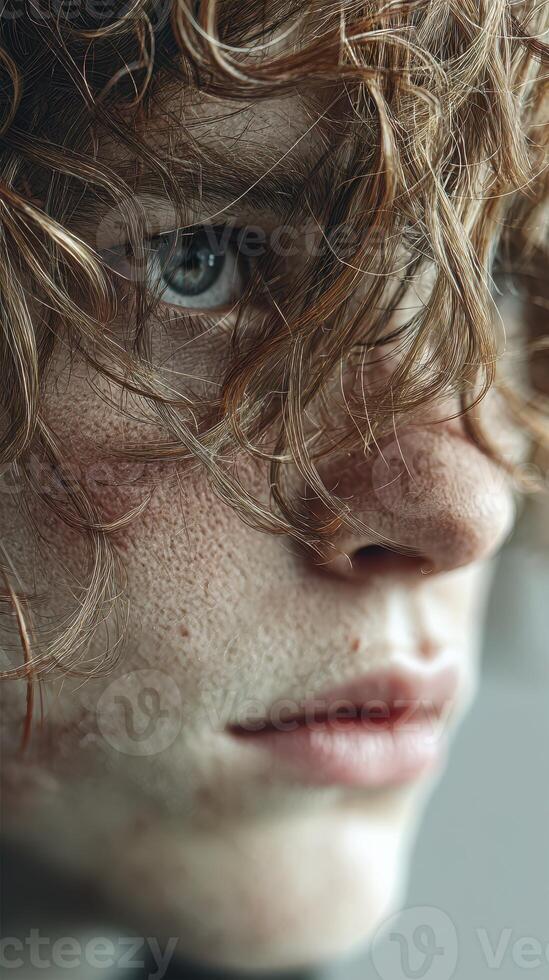 Close-up of a child's face with curly hair displaying emotions and intricate details in soft lighting photo