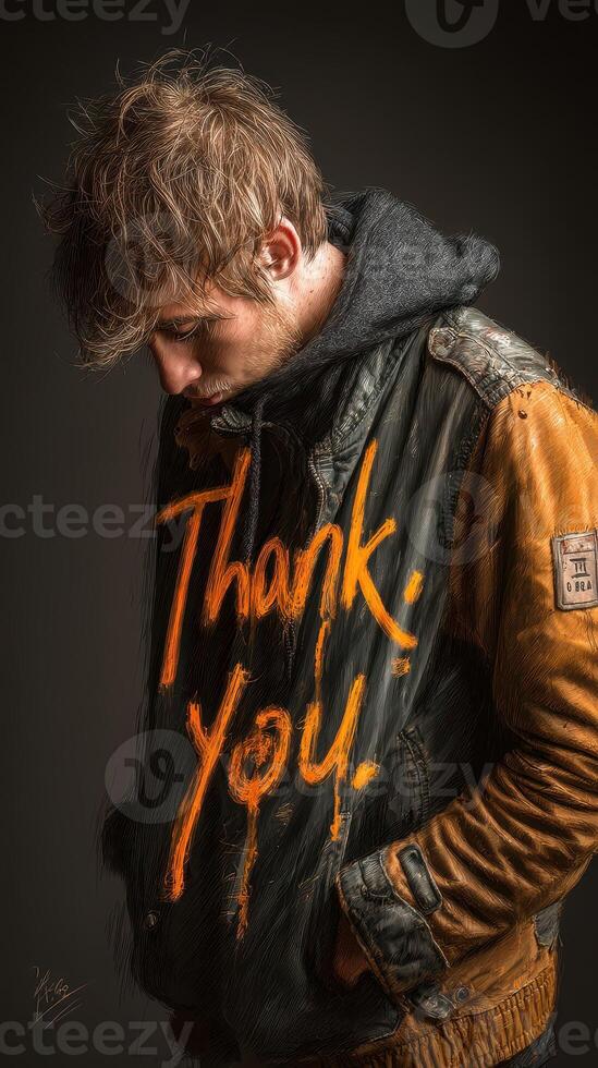 Young man in a distressed outfit expresses gratitude in a creative and artistic way with vivid colors and textures photo