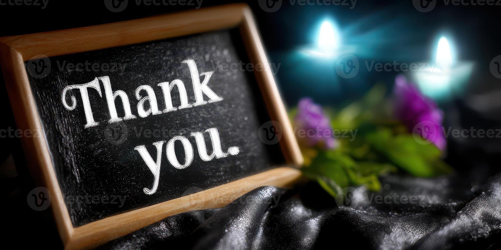 Elegant thank you message displayed on chalkboard with candles and flowers in a dimly lit setting photo