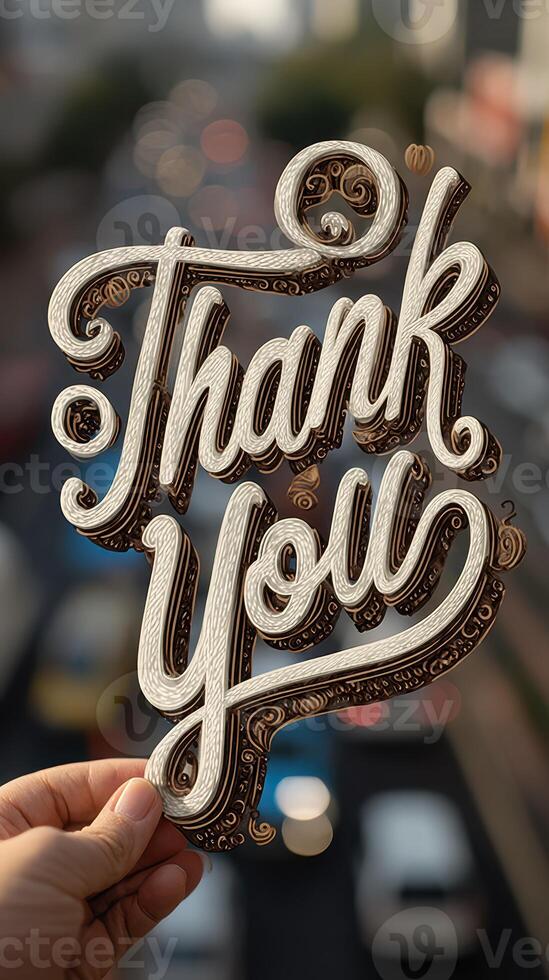 Creative handmade thank you sign held against a blurred urban backdrop with light traffic during the day photo